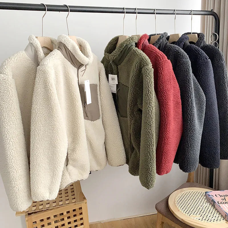 Autumn Winter Lambswool Coat Male Loose Windproof Warm Sherpa Stand Collar Polar Fleece Jacket Unisex Simple  Pocket Spliced Top