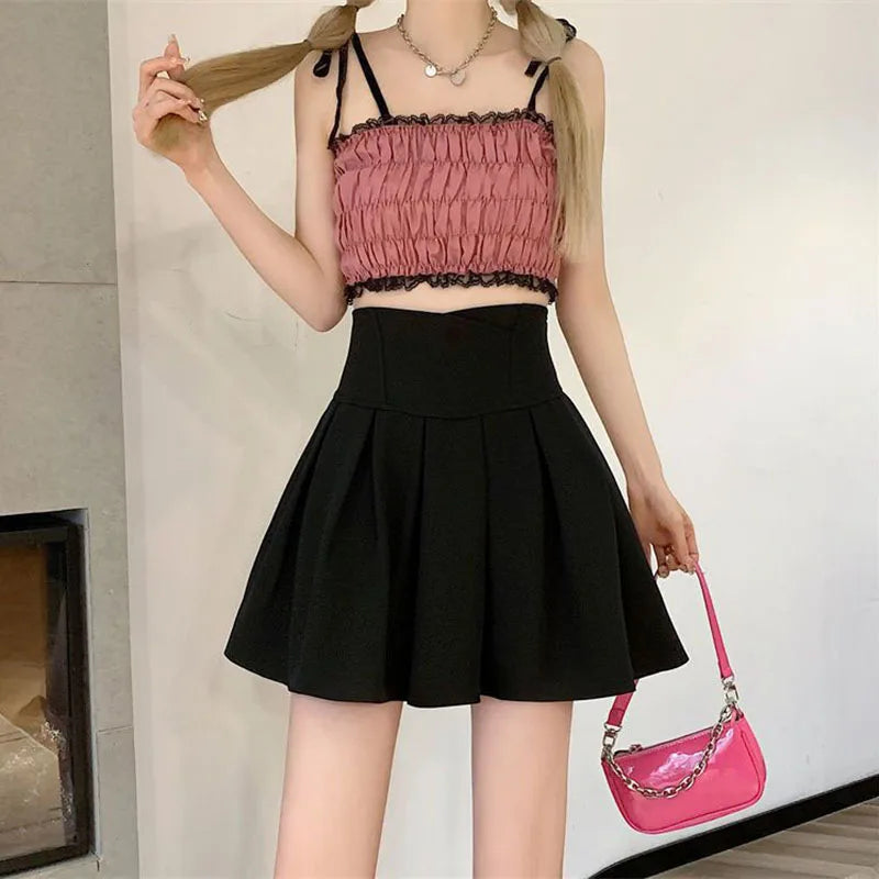Lucyever Fashion Women Zipper High Waist Mini Skirt Korean Style Anti-Glare Pleated Skirt Female Show Leg Length A-Line Skirts
