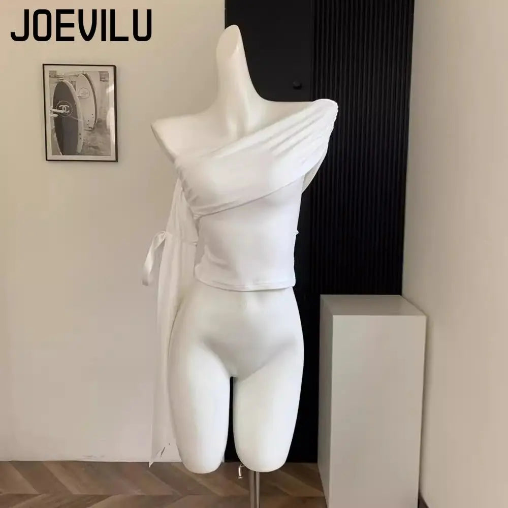 2025 New Sexy Off Shoulder Tops Women Ruffle Sleeve Asymmetric Slim Fit Short Sleeve T-Shirt Y2K Summer Fashion Elegant Clothes