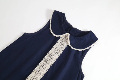 2025 Summer Toddler Girl Dress Cotton Turn Down Collar Kid Baby Girl Sling Dress Retro Loose Lace Patchwork Little Girl Sundress