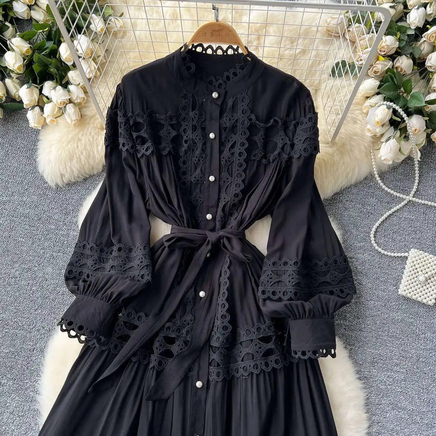Elegant Long Maxi Hollow Out Dress Shirt Women Summer Autumn Palace Retro Pearl Button Embroidery Crochet Evening Party Vestidos