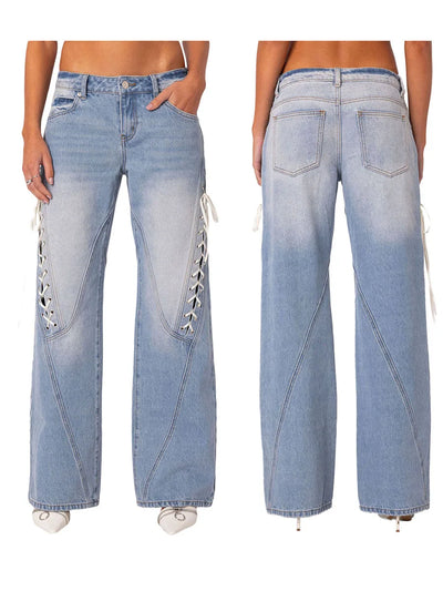 Women's Spring Summer Baggy Pants Mid Waist Loose Side Bandage Wide Leg Denim Pants