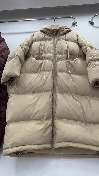 Winter Hooded Drawstring Loose Puffer Jacket Women Solid Oversize Casual Silhouette Long White Duck Down Warm Coat 2024 New Coat