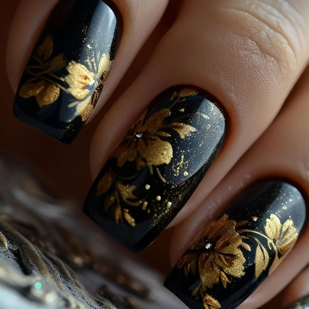 24pcs Press on Nails Square Flower False Nails Wearable Stick-on Nails Fake Nail Uñas Postizas Mujer Накладные Ногти 네일팁