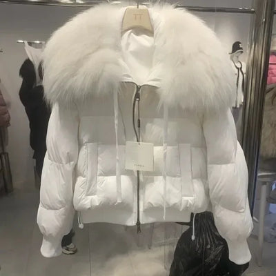 Fashionable Women's Winter Down Jacket Cropped Fox Fur Collar High End 90% White Duck Feather Coat Thick Long Sleeves