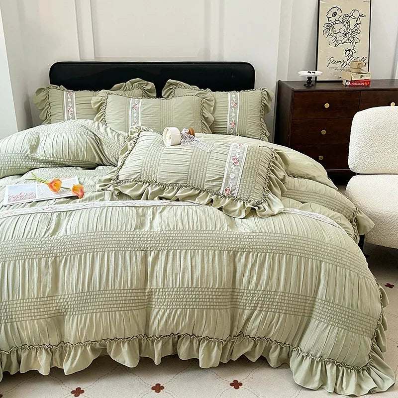 2025 Korean Princess Style Lace Ruffles Wedding Bedding Set Washed Cotton Soft Duvet Cover Set Bed Sheet Pillowcase 3/4Pcs