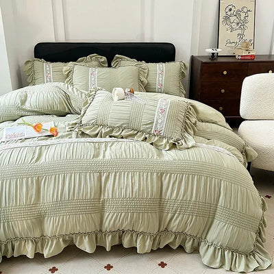 2025 Korean Princess Style Lace Ruffles Wedding Bedding Set Washed Cotton Soft Duvet Cover Set Bed Sheet Pillowcase 3/4Pcs