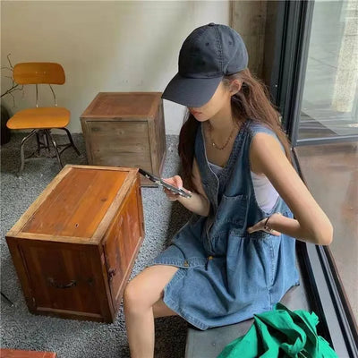 Women's sleeveless halter dress  Summer Single Breasted Pocket Denim Dress  Women's Korean loose A-line mini dresses