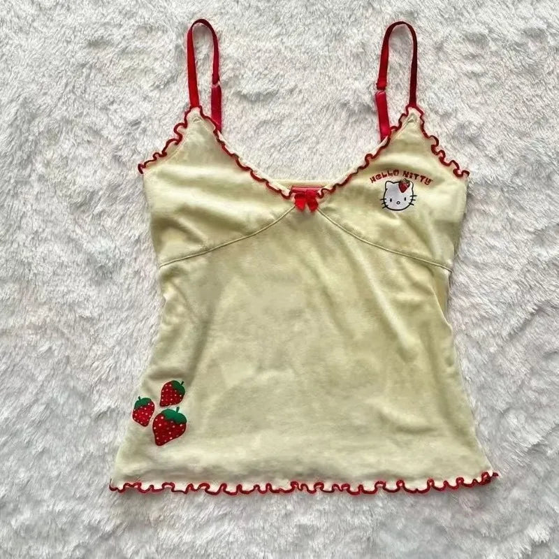 Y2k Sexy Camisole Japanese Subculture Kawaii Cartoon Kitten Print Tanks Tops Dopamine Ruffled Design Halter Vest Sweet Short Top