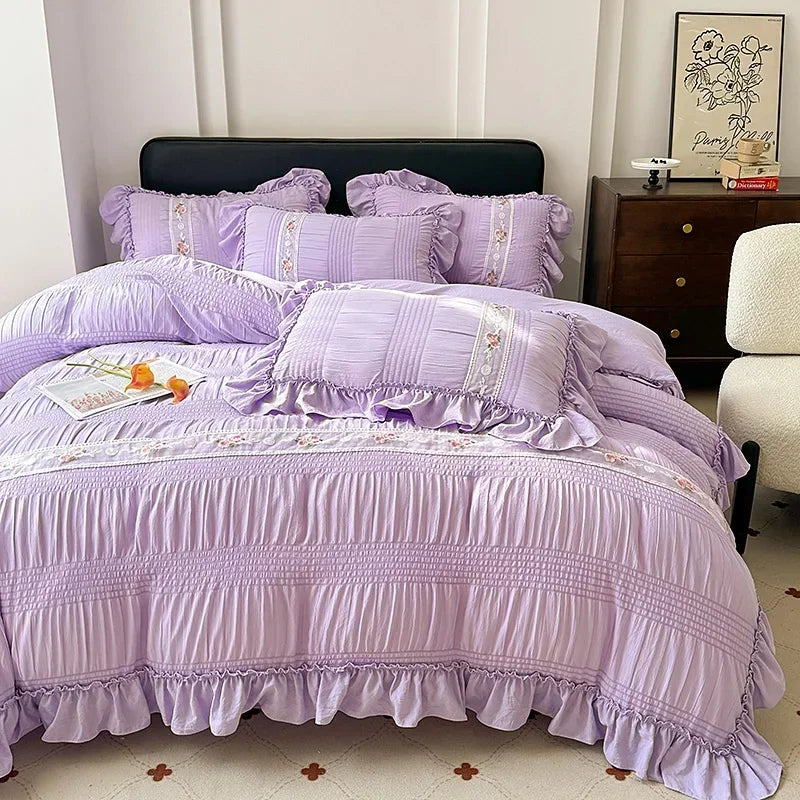 2025 Korean Princess Style Lace Ruffles Wedding Bedding Set Washed Cotton Soft Duvet Cover Set Bed Sheet Pillowcase 3/4Pcs