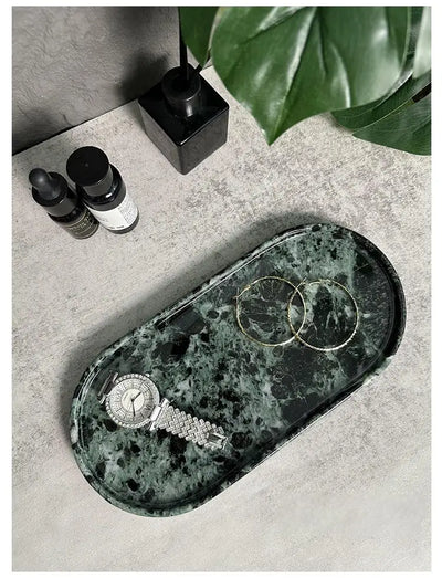 Luxury Green Marble Oval Tray: Bathroom Organizer & Fruit Serving Platter, Waterproof Stone Decor for Hotel Spa Home Kitchen