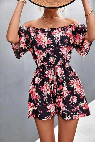 Summer Woman Playsuits Flowers Printed Sexy Off Shoulder Slim Romper Jumpsuit Women Short Sleeve Holiday Beach Playsuit