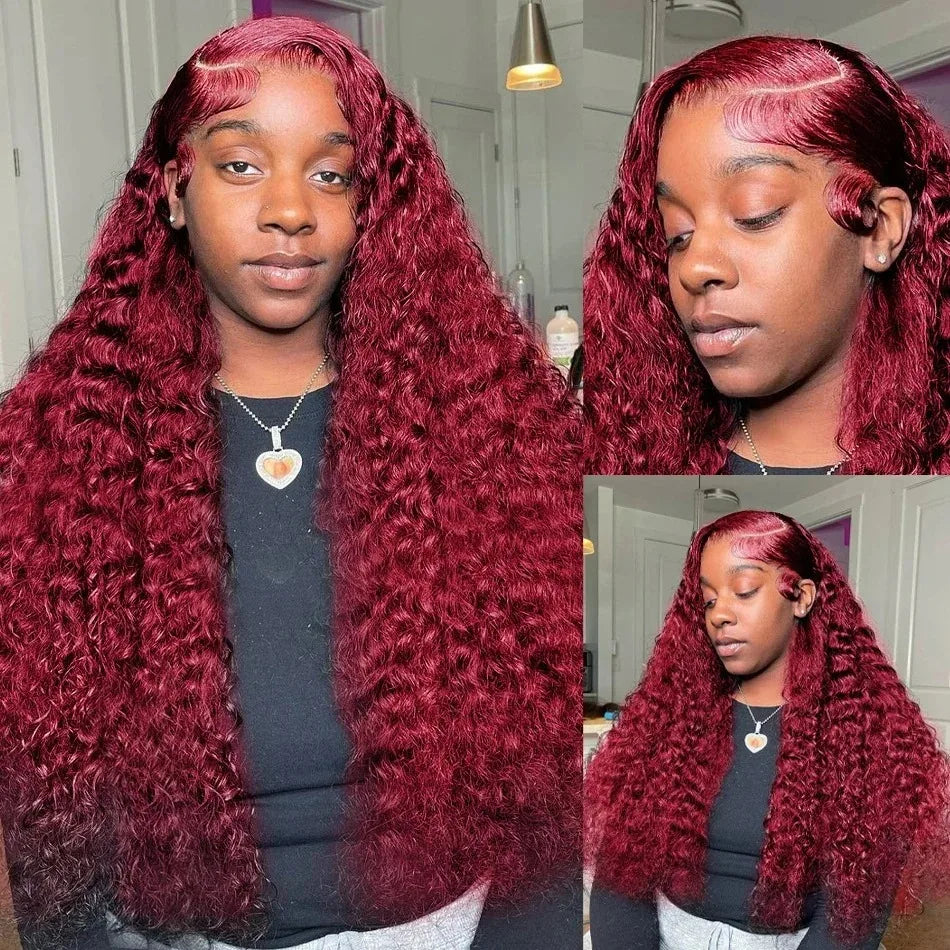 Curly 99J Burgundy 30 Inch Deep Wave 13x4 Lace Front Wig Wet And Wavy Red Colored wigs HD Lace Frontal 100% Human Hair Wigs