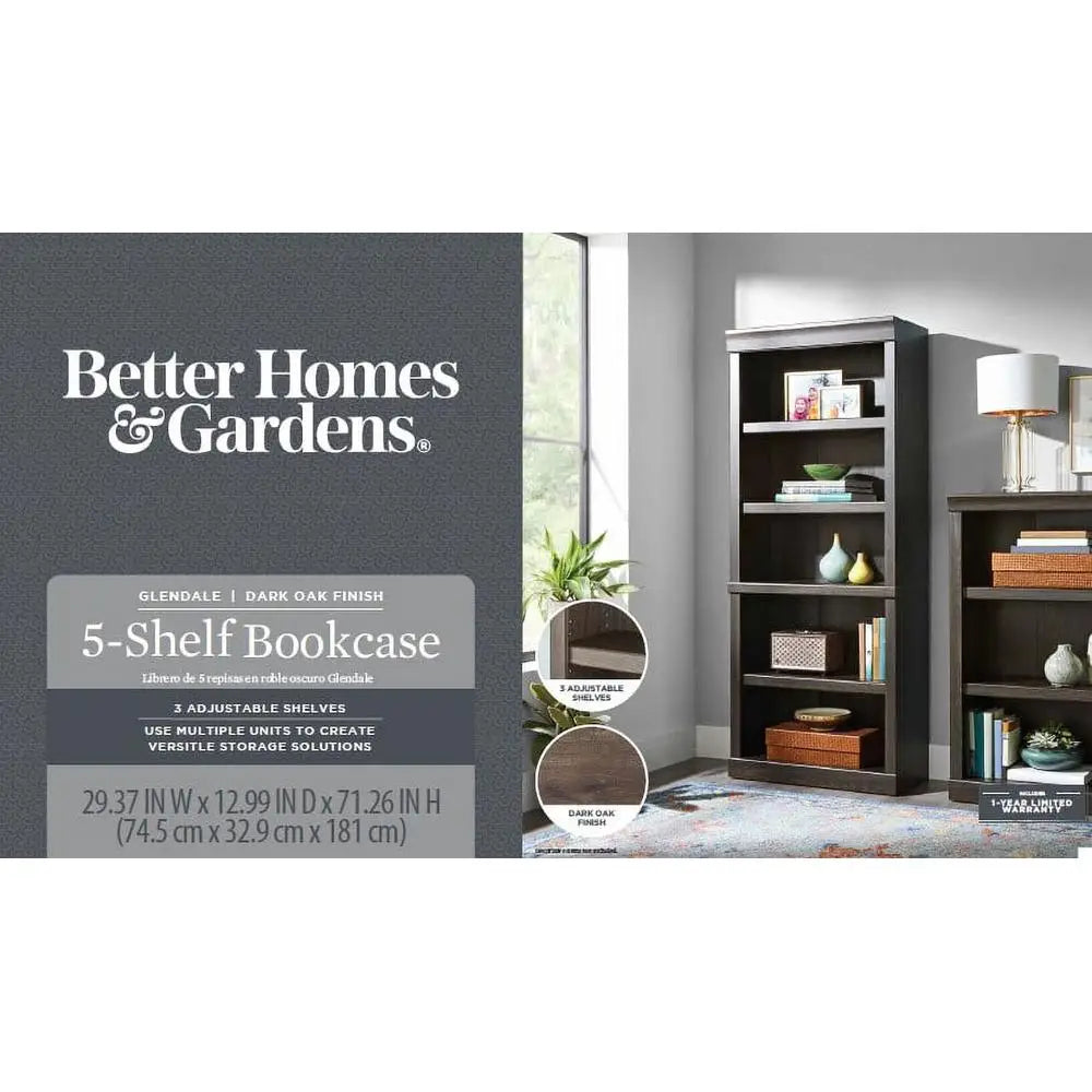 Glendale Oak 5-Shelf Bookcase Adjustable Shelves Vertical Storage Medium Wood Tone Customizable Transitional Style 72.6 lb Model