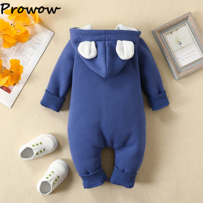 Prowow Cartoon Fox Baby Winter Clothes Romper Jumpsuit For Newborns Zipper Cute Ears Hooded Thicken Infant Overalls For Children