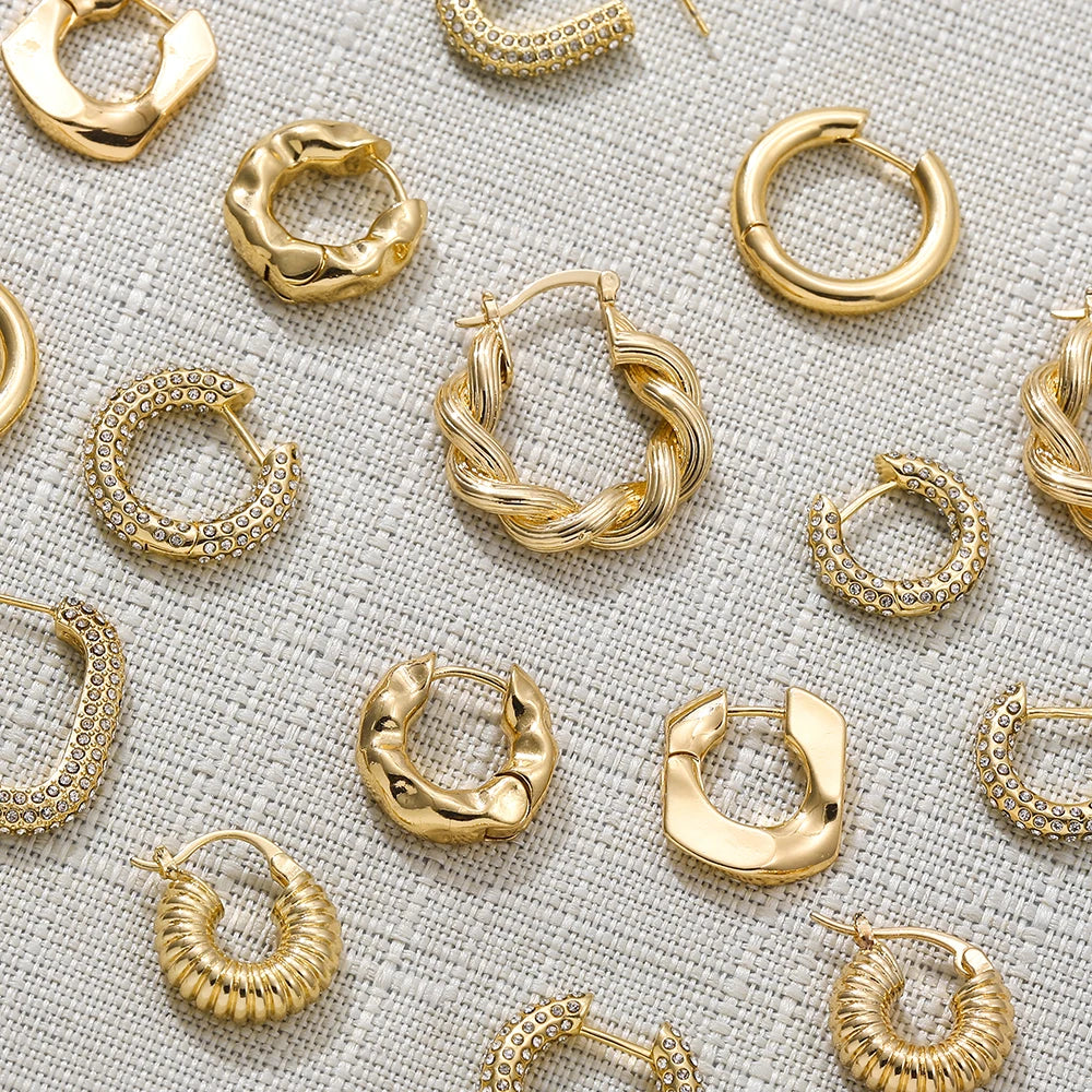 Punk Gold Color Twist Round Piercing Hoop Earrings Female Luxury CZ Crystal Geometric Ear Buckle Huggie Earrings Women Jewelry