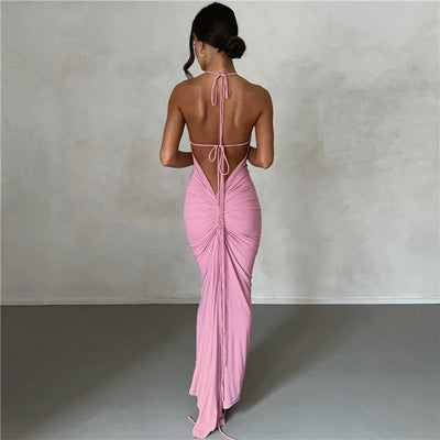 Summer sexy pleated solid color strap with perspective high slit backless sleeveless long skirt