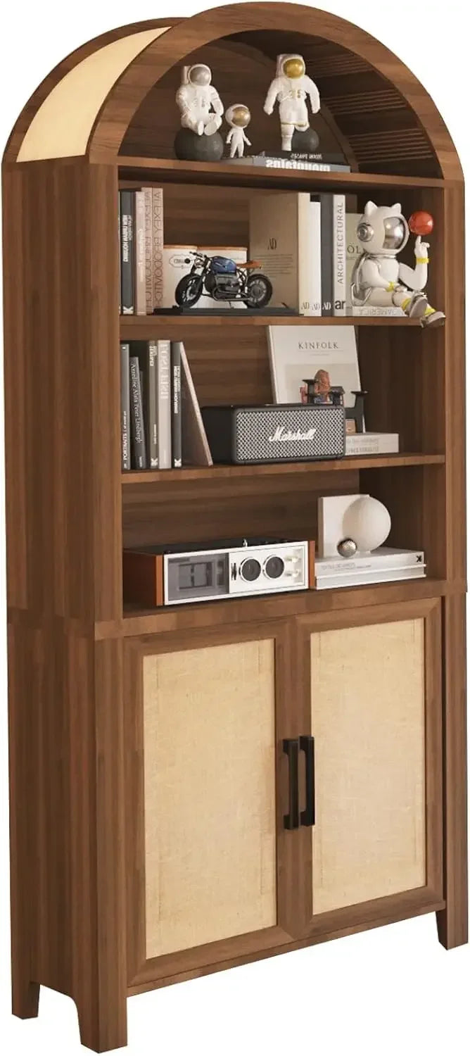 71" Tall Arched Bookcase with Storage, Modern 6-Tier Arched Cabinet with Door,Arched Bookshelf Cabinet with Open Display Storage