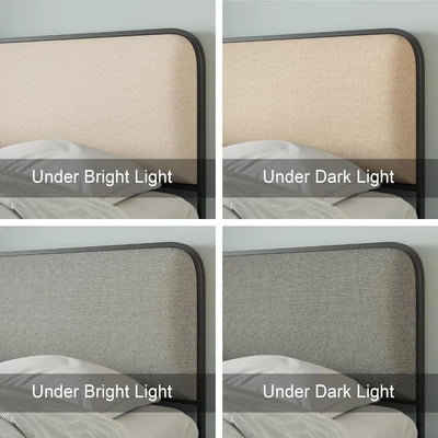 King Size Linen Curved Upholstered Headboard Footboard Bed, Metal Platform Bed Frame with 4 Storage Drawers, Heavy Duty Metal