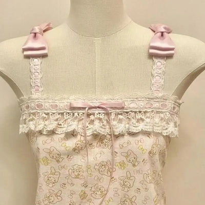 French Vintage Hottie Halter Vest Subculture Lace Stitching Tanks Top Kawaii Bow Design Tops Women's Cute Cartoon Print Camisole