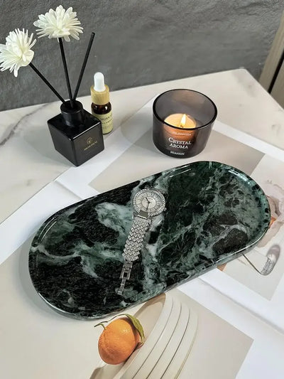 Luxury Green Marble Oval Tray: Bathroom Organizer & Fruit Serving Platter, Waterproof Stone Decor for Hotel Spa Home Kitchen