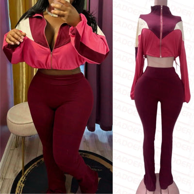 FAGADOER Color Block Street 2 Piece Set Outfit Casual Zip Drawstring Crop Top + High Waist Flare Pants Suit Autumn New Activwear