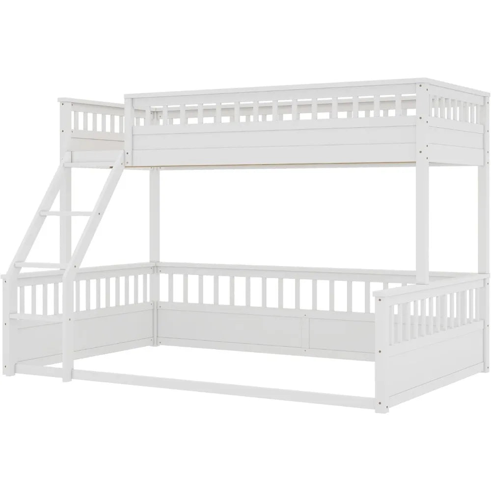 Low Bunk Beds Twin XL Over Queen Floor Bunk Bed with Ladder and Guardrail Wood Detachable Bunk Bed Frame for Boys, Girls, No Spr