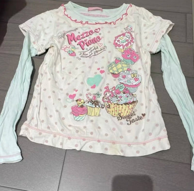 Kawaii Cuteore Sweet T Shirts Women Japanese Style Soft Girl Y2k Harajuku Cute Print Fake Two-piece Slim Tees Tops 2025