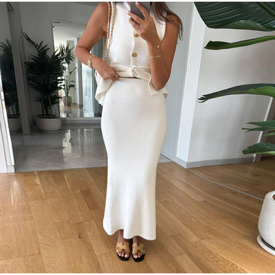 Single Breasted Knit Vest Mermaid Dress Woman Set O-Neck Split Sleeveless Top Solid Color Slim Long Dresses Casual Women Sets