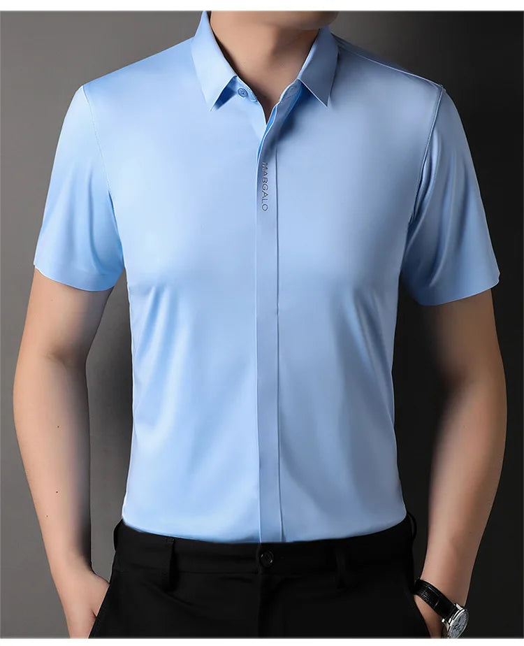 Summer New High-grade Hidden Button Men's Light Luxury Short Sleeve Shirts Men High Elastic Business Anti-wrinkle Ice Silk Shirt