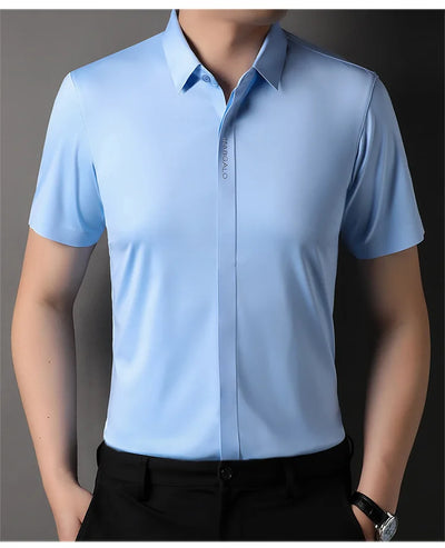 Summer New High-grade Hidden Button Men's Light Luxury Short Sleeve Shirts Men High Elastic Business Anti-wrinkle Ice Silk Shirt