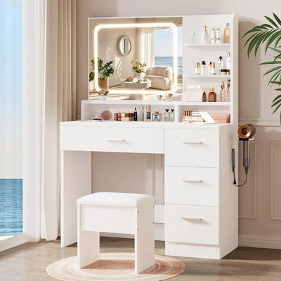 Makeup Vanity Desk, White, 35.4'Wx15.7'Dx53.9'H (Samrt LED Mirror, Open Shelves, with Cushion Stool, 4 Drawers, Hairdryer Rack,