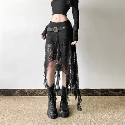 Y2K Goth Dark Irregular Hem Lace Patchwork Mid Skirts Women Streetwear Fairy Slim Pleat A-line Skirt Mall Goth Fashion Bottoms