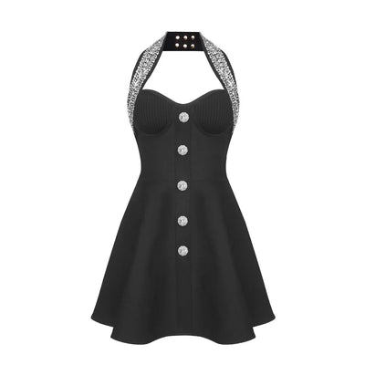 Black Rose Knitted Bandage Dress Women Summer Fashion Diamonds Halter Single Breasted A Line Mini Dress Celebrity Evening Party
