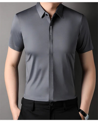 Summer New High-grade Hidden Button Men's Light Luxury Short Sleeve Shirts Men High Elastic Business Anti-wrinkle Ice Silk Shirt