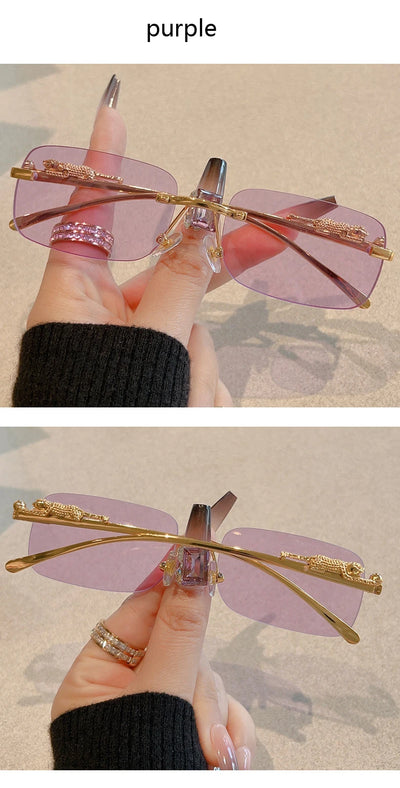 12pcs Brand Leopard Rimless Rectangle Sunglasses Fashion Y2K Frameless Sun Glasses Shades for Women Men UV400