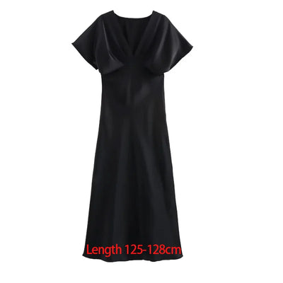 TRAF 2025 Woman Fashion Silk Texture Midi Dress Casual Slim Short Sleeve V Neck Midi Long Dresses Vestidos Mujer