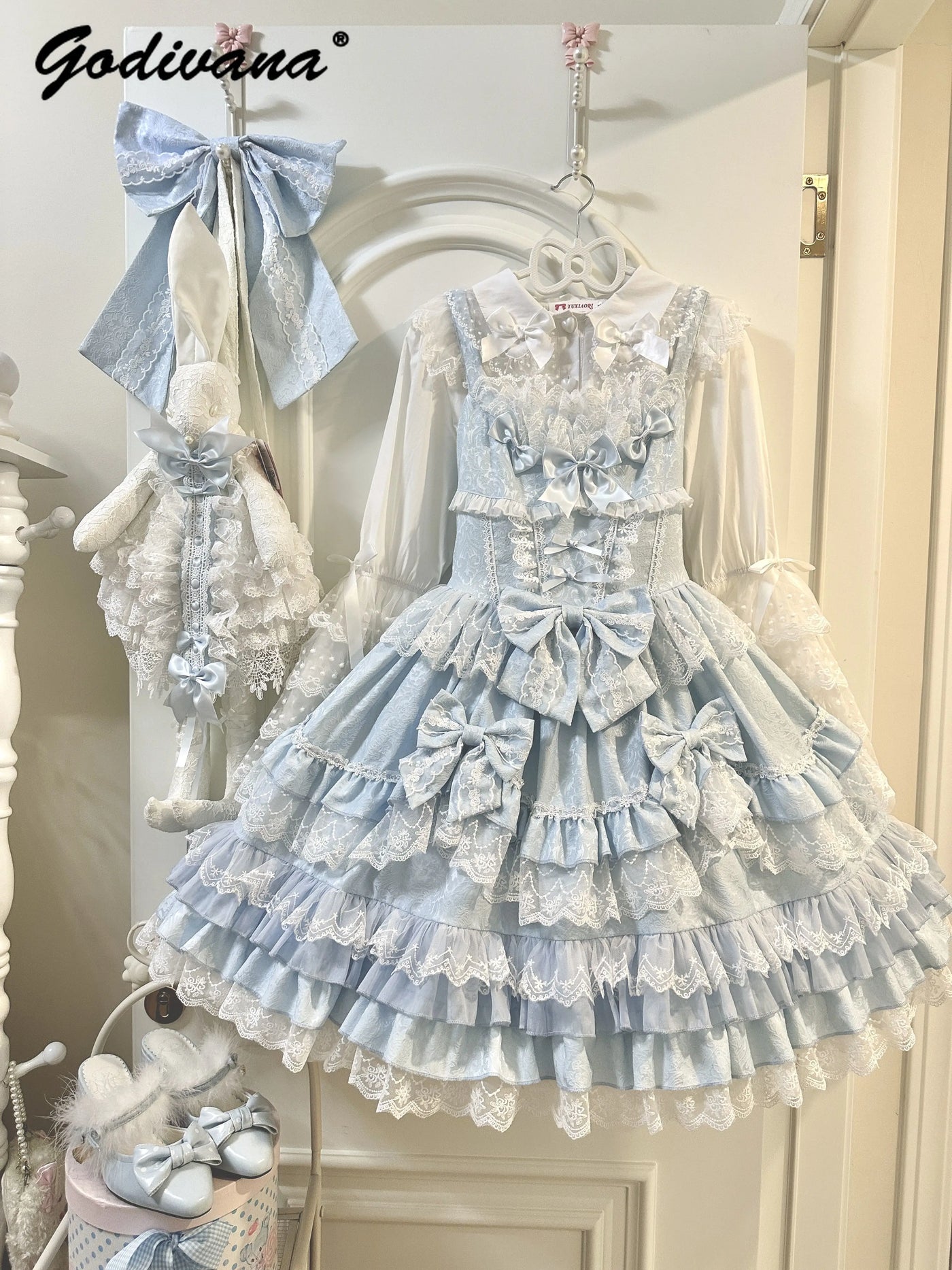 Original Lolita Dress Set Doll Feeling Girl Women's Sweet Jsk Suspender Dress Princess Fairy Lace Bow Sling Cake Dresses