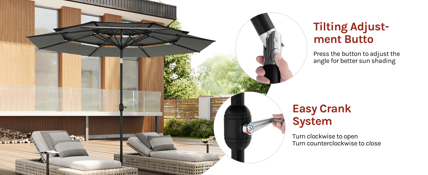 Round Large Garden Parasol 292cm Tilt Adjustable Beach Parasol UV Protection with 3 Ventilation Parasol for Balcony Garden