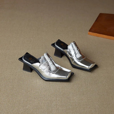 NEW Summer Women Mules Genuine Leather Shoes for Women Square Toe Chunky Heel Shoes Cover Toe Slingback Sandals Modern Slippers