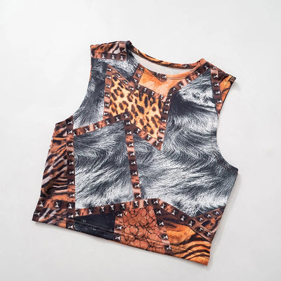 CUTENOVA Spring/Summer Leopard Print Sleeveless Tank Top + Mini Shorts Exposed Navel Skinny Shorts Set Fashion Streetwear Y2K
