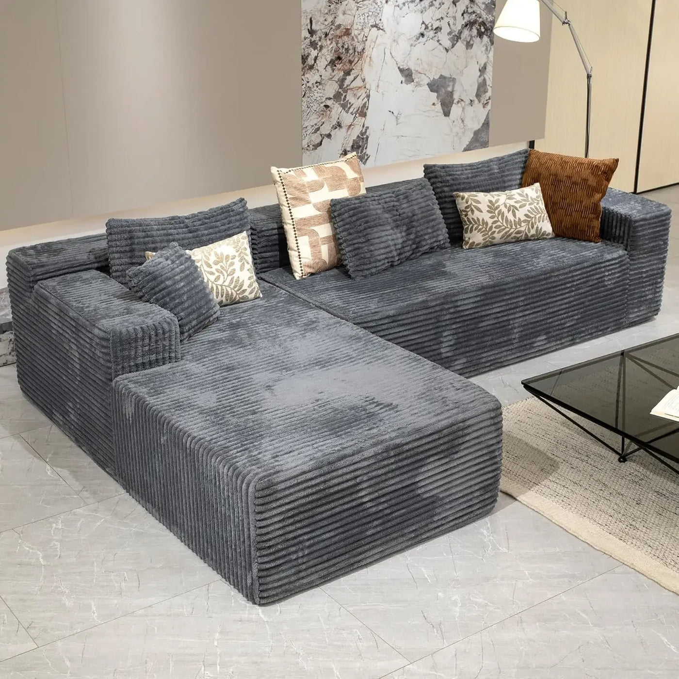 104" Black Corduroy L-Shaped Sectional | Cloud Sofa • Deep Seat • No Assembly | Modern Modular Living Room