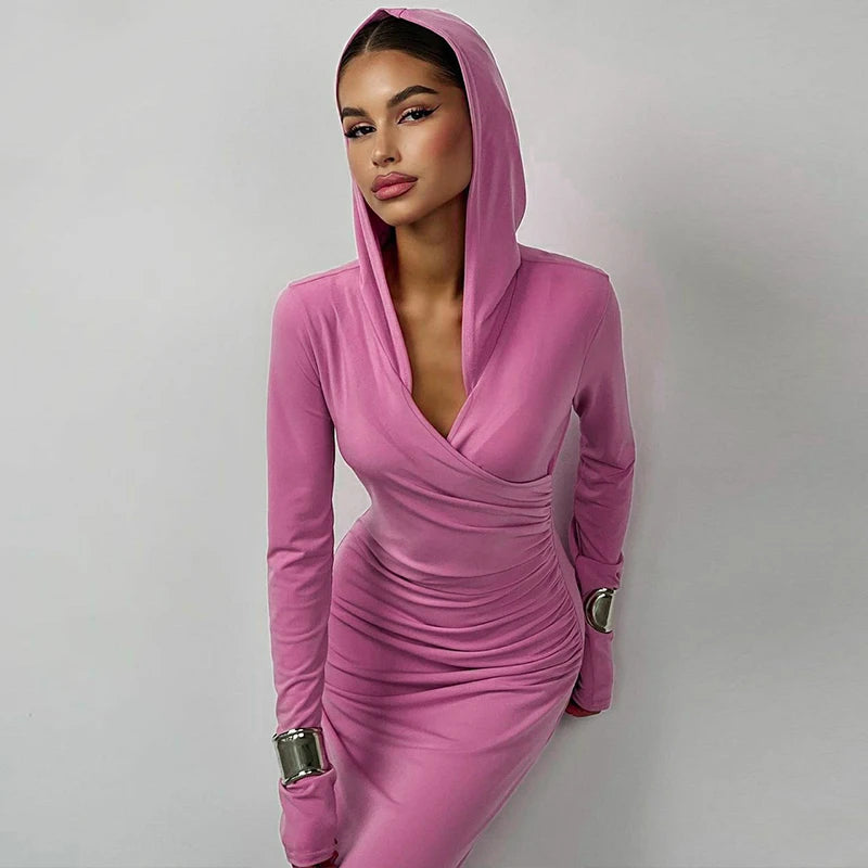 Hugcitar Solid Hoodies V Neck Long Sleeve Draped Sexy Slim Maxi Dress 2023 Winter Women Fashion Y2K Outfits Streetwear Party