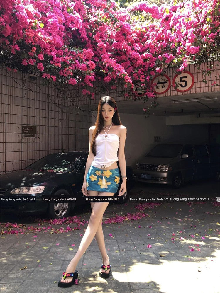 Seaside Vacation Style Suit Pure Desire Stylish White Halter Tube Top Blue Shirt Floral Skirt Two-piece Set