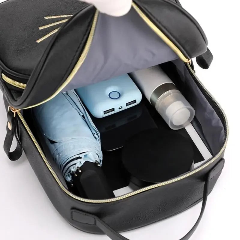 Travel Backpack Women Rucksack Teenagers 2023 Student School Bags for Girls Cartoon Cat PU Leather Satchel Black Shoulder Bag