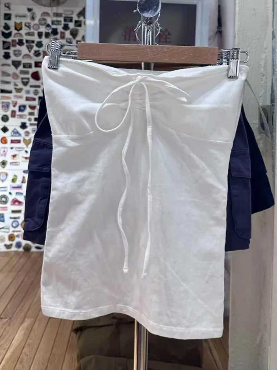 Solid Cotton Drawstring Strapless Tank Tops Women Streetwear Side Split Slim Cropped Vest Summer Sweet Vintage Chic Camis Y2K