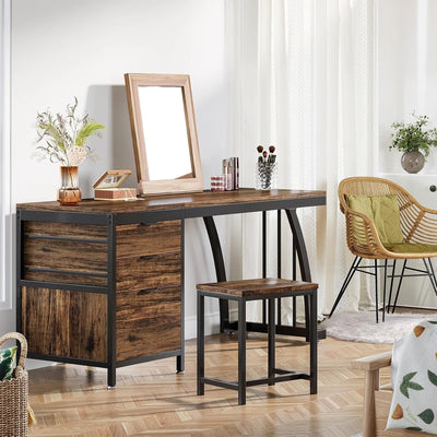Vanity Desk with 3 Drawers, 59-Inch Large Dressing Table with Reversible Drawers, Chic Makeup Desk(Rustic Brown) (Only Desk)