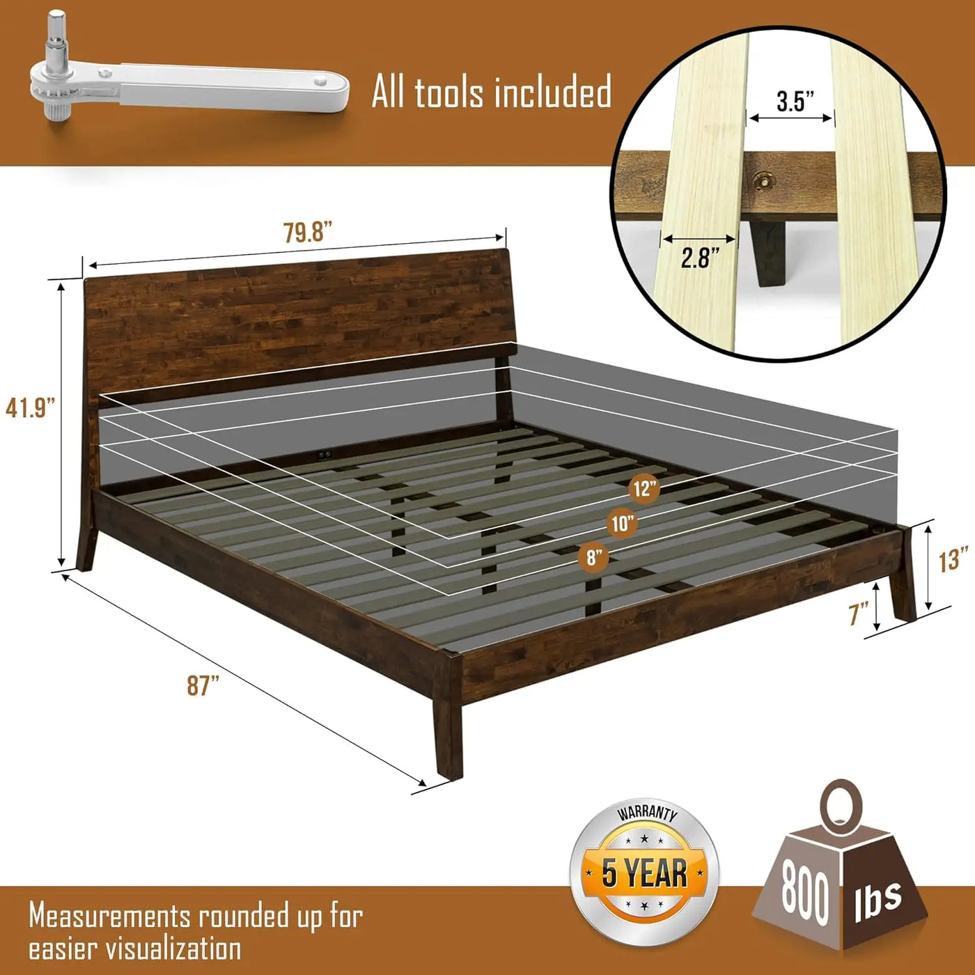 Acacia Serenity King Size Bed Frame, King Bed Frame with Headboard 800 lbs Capacity Natural Wood Bed All Mattress Support