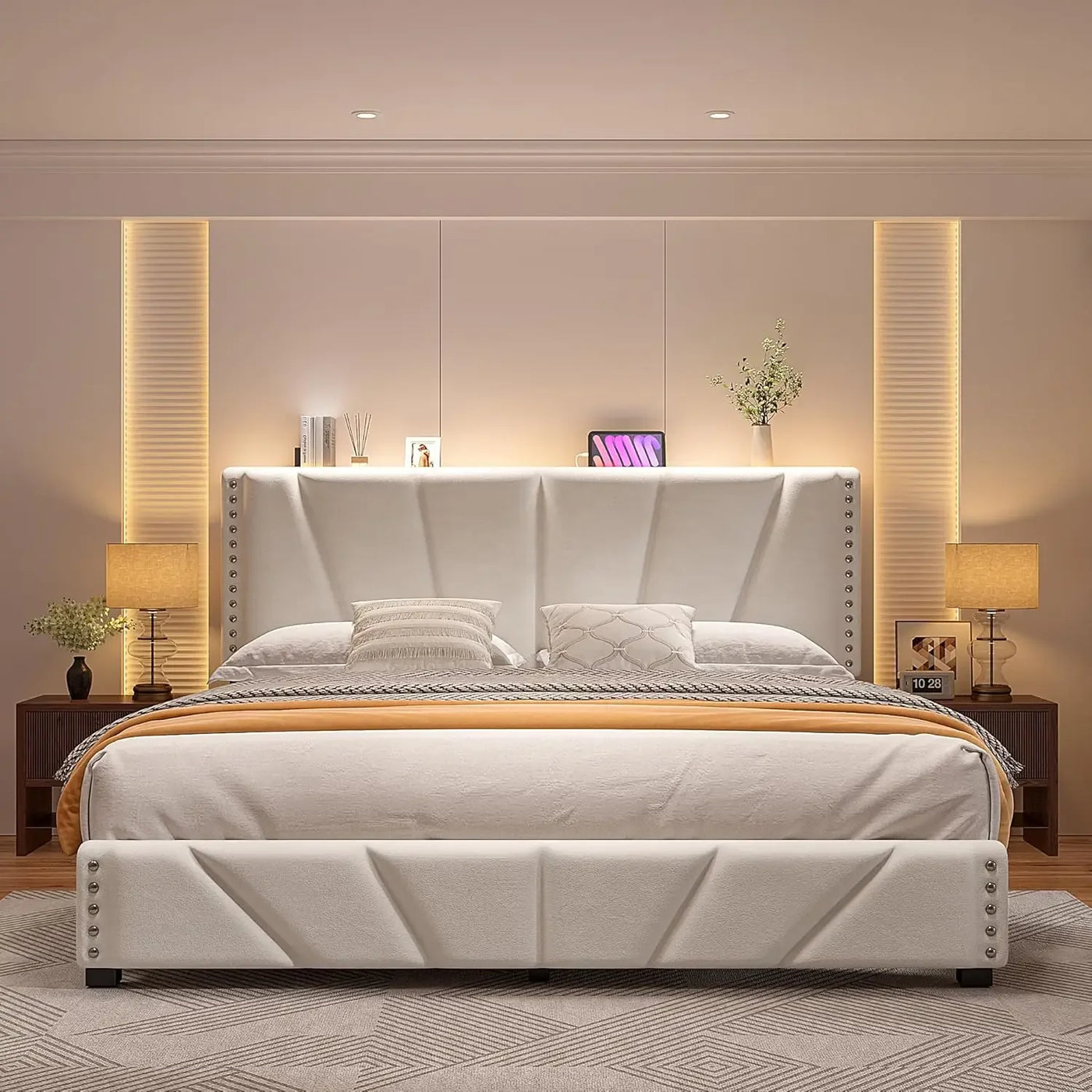Velvet Headboard and LED Lights， Storage Headboard Platform Bed with Charging Station，King Size Bed Frame