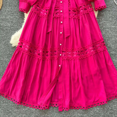Elegant Long Maxi Hollow Out Dress Shirt Women Summer Autumn Palace Retro Pearl Button Embroidery Crochet Evening Party Vestidos